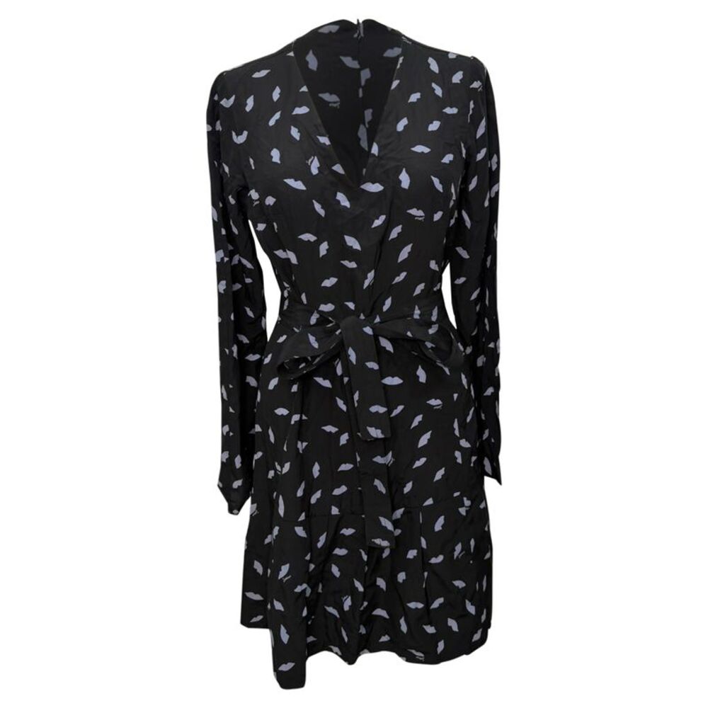 Sonia by Sonia Rykiel Drop Waist Lips Print Midi Dress in Black Silk